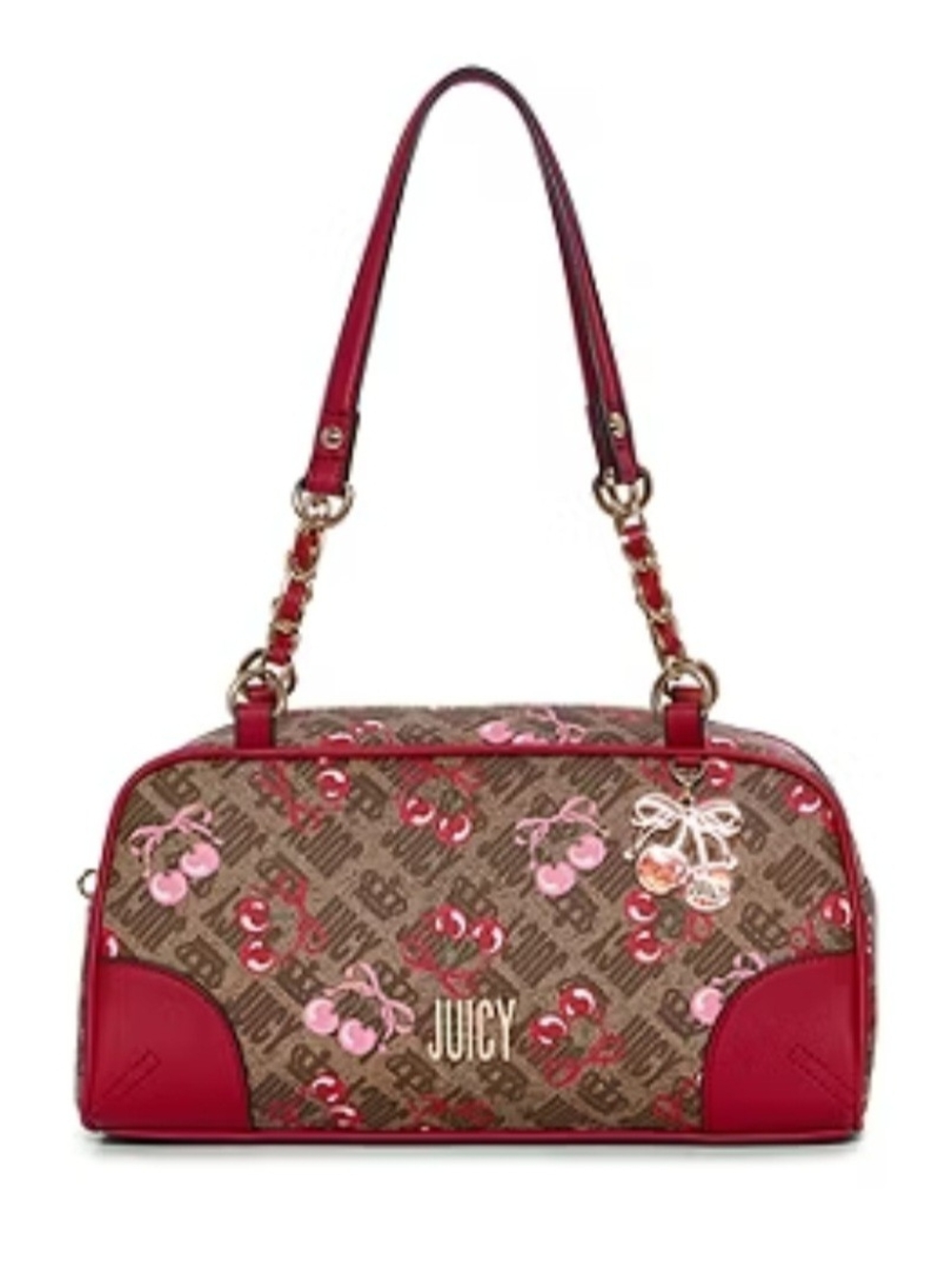 NWT Juicy Couture Brown Monogram Cherry Print Shoulder Bag with Red Trim